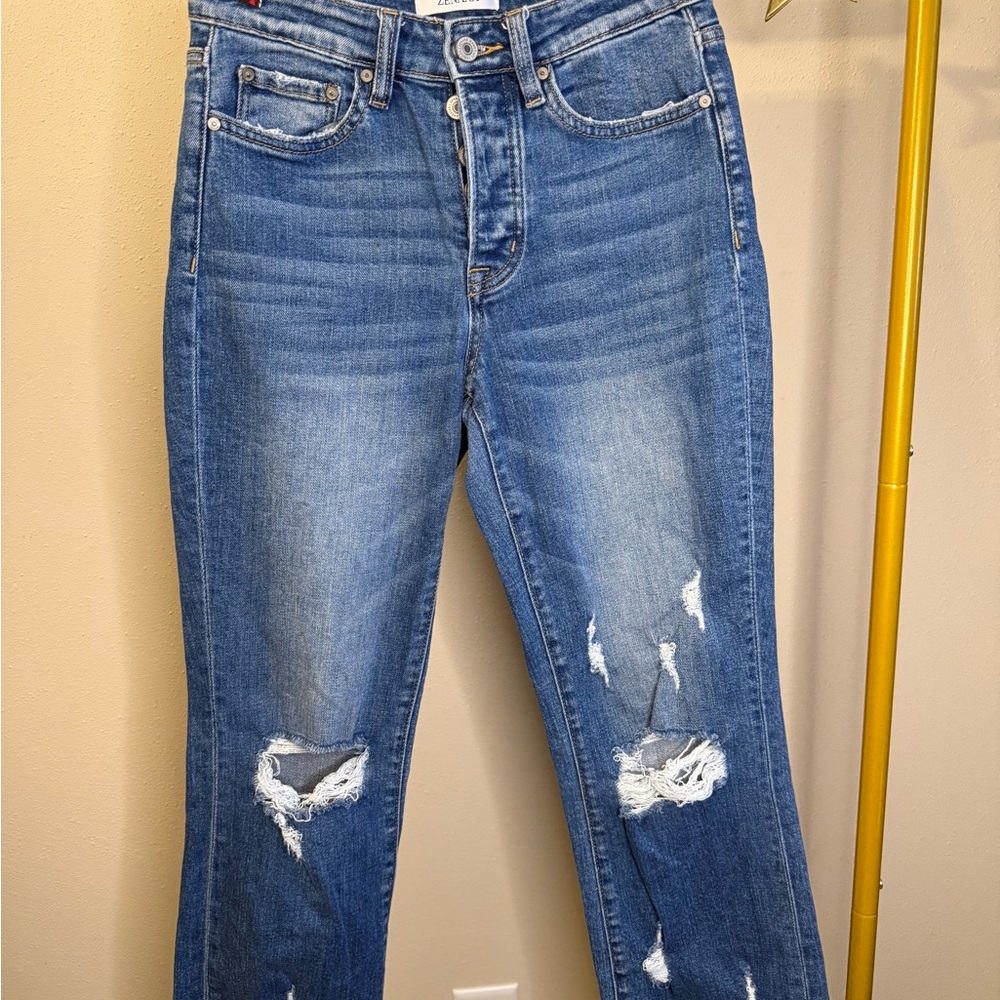 Zenana Distressed Straight Leg Jeans High Rise Raw Hem Size 26 - Picture 7 of 12